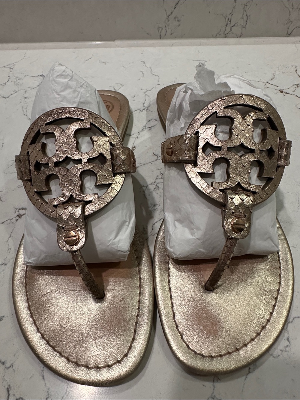 Tory Burch Miller Metallic Snakeskin Gold Sandals Size 8.5
